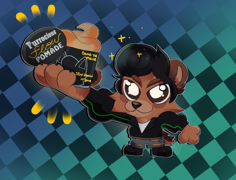 May include: Cartoon illustration of a bear character holding a pomade container. The pomade container has the text "Furrocious Flow Pomade" and "tame ya mane". The bear is wearing a black jacket and has a pompadour hairstyle.