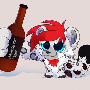 May include: A cartoon illustration of a white and gray spotted snow leopard with red hair, holding a brown beer bottle labeled "Hawkstone Lager". The leopard has large blue eyes and a black and white tail.