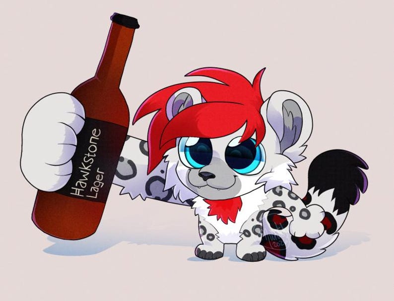 May include: A cartoon illustration of a white and gray spotted snow leopard with red hair, holding a brown beer bottle labeled "Hawkstone Lager". The leopard has large blue eyes and a black and white tail.