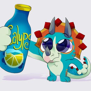 May include: A cartoon illustration of a blue triceratops holding a blue bottle of Calypso lemonade. The bottle has a yellow cap and a lemon slice graphic. The triceratops has large eyes, orange and red accents, and is licking its lips.
