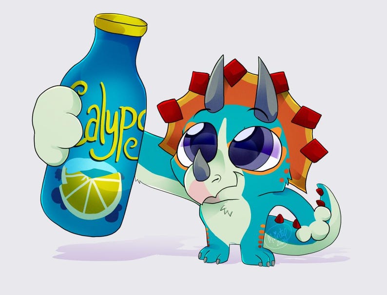 May include: A cartoon illustration of a blue triceratops holding a blue bottle of Calypso lemonade. The bottle has a yellow cap and a lemon slice graphic. The triceratops has large eyes, orange and red accents, and is licking its lips.