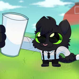 May include: Cartoon illustration of a black cat with green eyes holding a tall glass of milk. The cat is wearing a white shirt, black tie, and suspenders. A red barn is in the background, with a green field and blue sky.