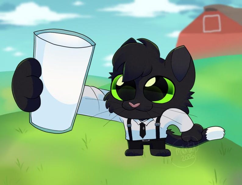 May include: Cartoon illustration of a black cat with green eyes holding a tall glass of milk. The cat is wearing a white shirt, black tie, and suspenders. A red barn is in the background, with a green field and blue sky.