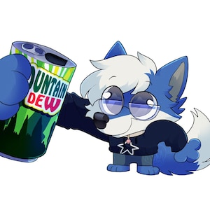 May include: Cartoon illustration of a blue and white fox-like character holding a Mountain Dew can. The can is green, yellow, and black with the words "Mountain Dew" in red and white. The character wears glasses and a black hoodie with a star.