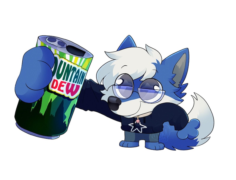 May include: Cartoon illustration of a blue and white fox-like character holding a Mountain Dew can. The can is green, yellow, and black with the words "Mountain Dew" in red and white. The character wears glasses and a black hoodie with a star.