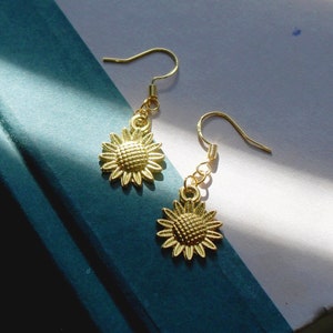 Gold Sunflower Earrings | Dainty Cottagecore Aesthetic Jewelry | Summer Earrings with Dangling Sunflowers on Hypoallergenic Hooks
