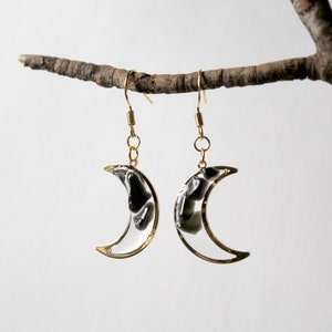 Crystal Crescent Moon Earrings - Obsidian | 18K Pendant & Gold Stainless Steel Hooks for Sensitive Ears | Elegant Black Stone Lunar Jewelry