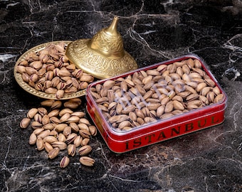 Pistachio, Roasted Premium Quality Turkish Antep Pistachio in Metal-Tin Box, Hafiz Mustafa 1864 Istanbul, New Crop, Snacks