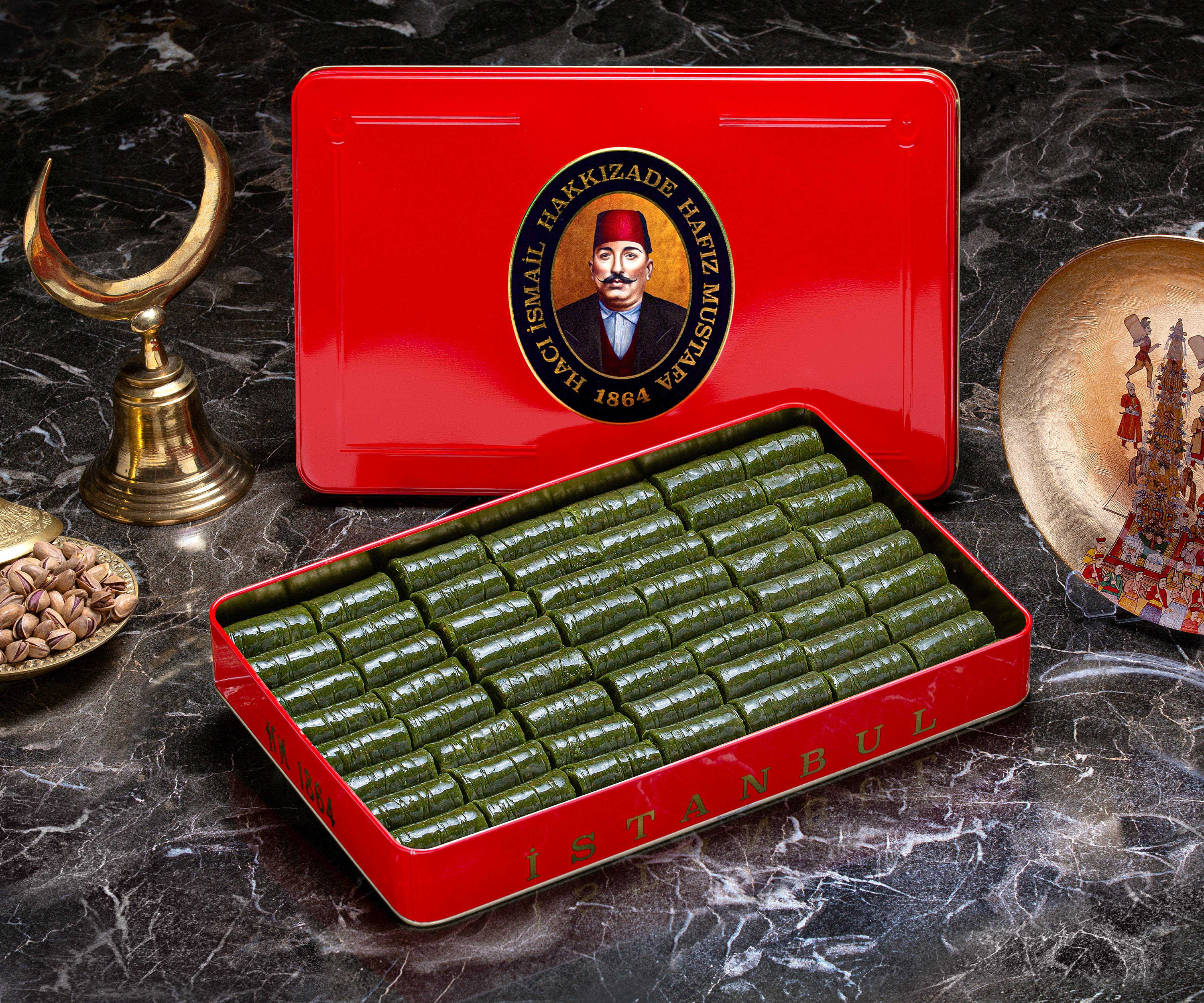 Baklava, Pistachio Wrap Roll Turkish Baklava (Metal - Tin Box), Hafiz Mustafa 1864 Istanbul, Daily and Freshly Made Sweet, Treat