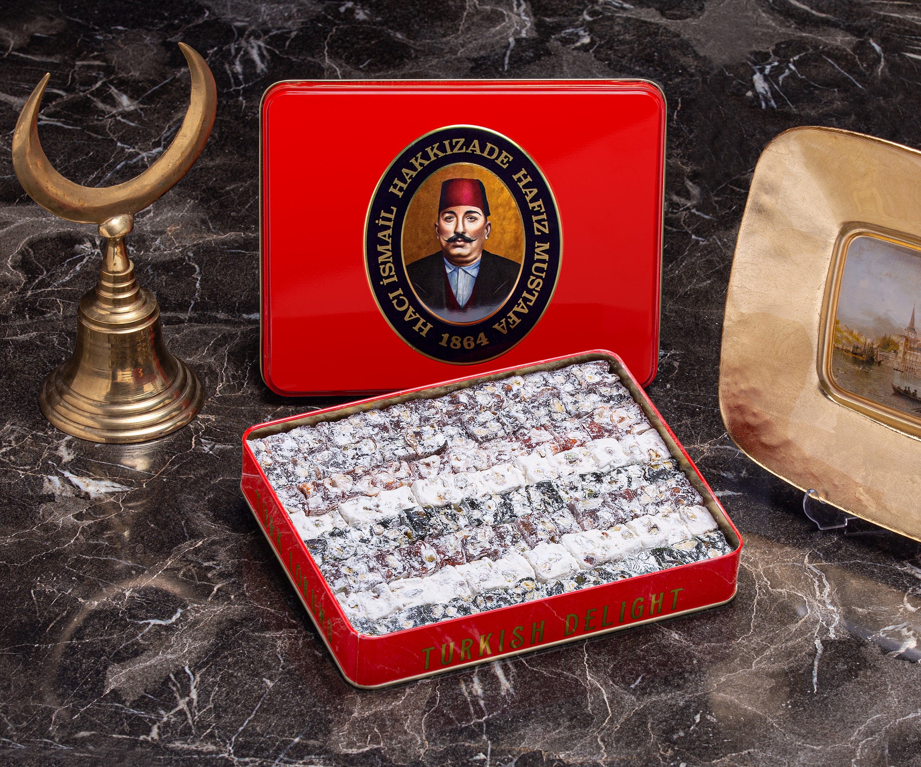 Double Roasted Pistachio Mixed Turkish Delight in Metal Tin Box, Delight Mixed Gift Box, Hafiz Mustafa 1864 Istanbul