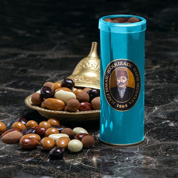 Mixed Dragee in Tin Blue Box, Hafiz Mustafa 1864 Istanbul, Gift Box, Nuts, Snacks for Coffee & Tea Lovers, Turkey
