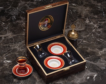 Tea Set, HM 1864 Glass Tea Set in Wooden Box, Hafiz Mustafa 1864 Istanbul, Turkey, Gift