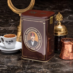 Turkish Coffee or Gum Mastic Coffee (Metal - Tin Box), Hafiz Mustafa 1864 Istanbul, Authentic, Milled and Medium Roasted Arabica Beans