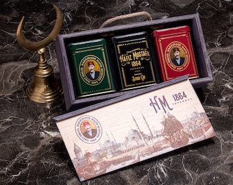 Variety Pack of Pomegranate, Apple, Black Tea, Total 3 Tins (Wooden Box) , Hafiz Mustafa 1864 Istanbul