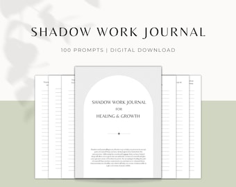 Puede incluir: Una descarga digital de un diario imprimible con 100 indicaciones para el trabajo de la sombra. El diario está diseñado para ayudarte a desarrollar una mayor comprensión de ti mismo. La portada es blanca con texto negro y un fondo gris.
