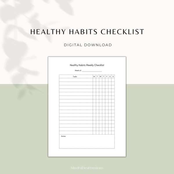 Healthy Habit Checklist, Healthy Habit Chart, Printable Habit Tracker, Daily, Weekly, Weekly Checklist, Healthy Habit Journal, Habit Log,PDF