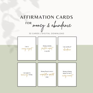 32 Tarjetas de afirmación de dinero, Imprimibles, Abundancia manifiesta, Atraer riqueza, Afirmaciones de éxito, Minimalista, Descarga digital, PDF