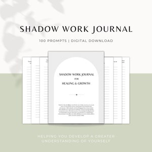 Può includere: Un download digitale di un diario stampabile con 100 prompt per il lavoro sull'ombra. Il diario è progettato per aiutarti a sviluppare una maggiore comprensione di te stesso. La copertina è bianca con testo nero e uno sfondo grigio.