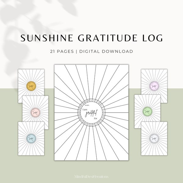 Gratitude Sunshine Log Printable, Sun Ray Bullet Journal, Mindfulness Template, Monthly, Daily, Wellbeing, Digital, 8.5by11 inches, pdf