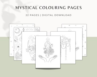 May include: A set of 22 printable coloring pages featuring mystical and celestial designs. The pages include illustrations of crystals, moons, stars, flowers, and hands. The text "Mystical Coloring Pages" and "22 Pages | Digital Download" is at the top of the image.