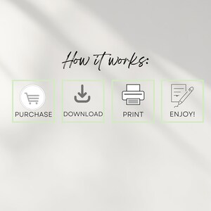 May include: How it works: Purchase, download, print, and enjoy! A graphic with four icons representing the steps to purchase and use a digital product.