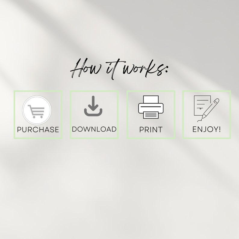 May include: How it works: Purchase, download, print, and enjoy! A graphic with four icons representing the steps to purchase and use a digital product.
