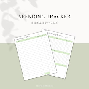 May include: Printable spending tracker with two pages. The first page is a monthly spending tracker with columns for date, description, amount, card, and cash. The second page is a weekly spending tracker with columns for Tuesday, Wednesday, Friday, Saturday, and Sunday.