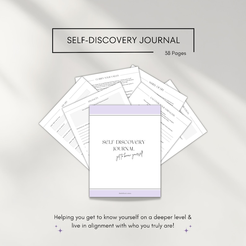 May include: A self-discovery journal with a purple cover and the text "SELF-DISCOVERY JOURNAL get to know yourself" on the front. The journal has 38 pages and is designed to help you get to know yourself on a deeper level and live in alignment with who you truly are.