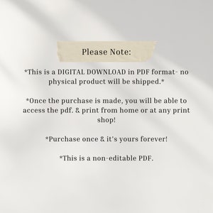 Peut inclure: Texte sur un fond blanc avec l'en-t&ecirc;te "Veuillez noter :" suivi d'une liste de notes concernant un t&eacute;l&eacute;chargement num&eacute;rique au format PDF. Les notes indiquent que le produit est un t&eacute;l&eacute;chargement num&eacute;rique, qu'aucun produit physique ne sera exp&eacute;di&eacute;, que l'achat est un achat unique et que le PDF n'est pas modifiable.
