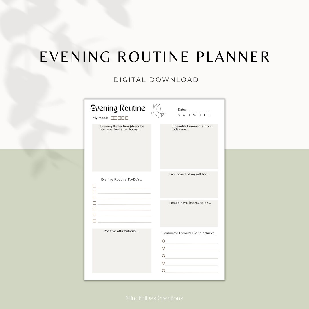 Evening Routine Planner Printable, Night Schedule, Wellbeing Checklist ...