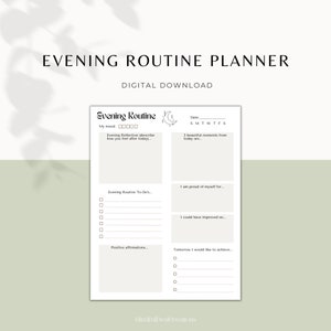 May include: A printable evening routine planner with a moon and stars design. The planner includes sections for mood, reflection, to-do's, affirmations, and goals. It also includes a section for three beautiful moments from the day.