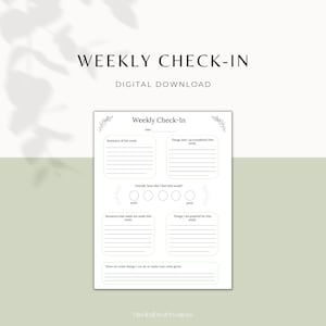 May include: A printable weekly check-in planner with sections for summarising the week, accomplishments, feelings, moments that made the week enjoyable, things to be grateful for, and ideas for making the next week great. The planner has a minimalist design with a green background and black text.