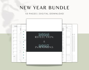 Könnte beinhalten: Ein 43-seitiger digitaler Neujahrs-Planer mit weißem Einband und einem schwarzen horizontalen Balken. Der Text lautet 2026 REFLECTION & 2027 INTENTIONS. Das Set enthält verschiedene Innenseiten mit Wochenlayouts, Zielsetzungsbereichen und Checklisten.