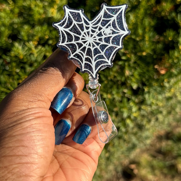 Spiderweb Heart Badge Reel: Glitter Halloween ID Holder