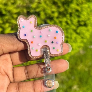 Animal cookie Retractable Badge Reel, Pink Animal Cookie| Cute Cookie Badge Holder