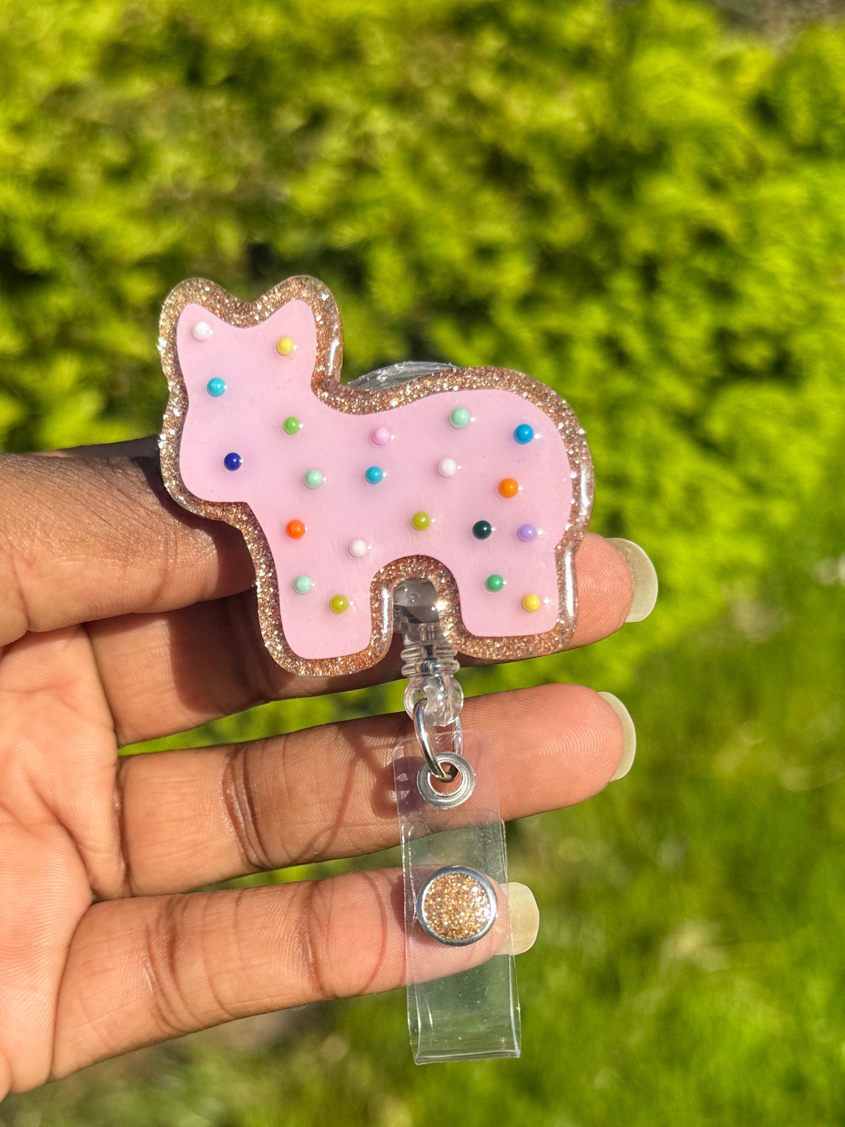 Animal cookie Retractable Badge Reel, Pink Animal Cookie| Cute Cookie Badge Holder