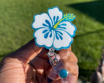 Hibiscus Flower Badge Reel: Glitter Hawaiian ID Holder