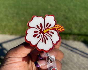 Hibiscus Flower Badge Reel: Glitter Hawaiian ID Holder
