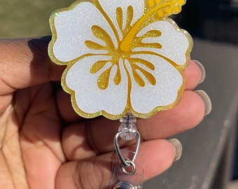 Hibiscus Flower Badge Reel: Glitter Hawaiian ID Holder
