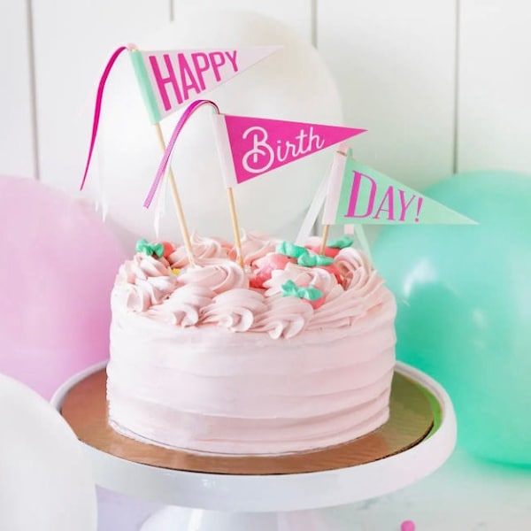 Pink Happy Birthday Pennant Cake Toppers, Happy Birthday Topper, Girl Birthday Pennant Flags, Birthday Cake Decor