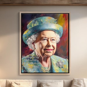 Citas célebres de la reina Isabel II, firma de la reina Isabel II, arte mural inspirador, arte de la reina Isabel II, citas, arte en lienzo grande