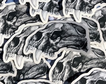 May include: A collection of black and white stickers featuring detailed illustrations of a skull with prominent fangs. The stickers have a white border and are arranged in a slightly overlapping pattern, creating a textured effect. The artwork is highly detailed.