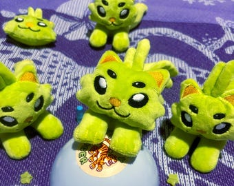 Neon Green Alien Cat Palm Size Homemade Laying or Keychain Charm Plush of Gnarpy