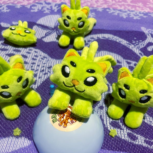 Neon Green Alien Cat Palm Size Homemade Laying or Keychain Charm Plush of Gnarpy