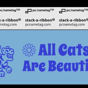 A light blue ribbon with a picture of a smiling tiger. The dark blue text to the right says, “All Cats Are Beautiful.” There are flowers around the text.