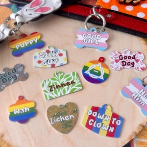 May include: A collection of various shaped pet ID tags featuring colourful designs and text including Puppy, Good Girl, Silly Guy, Good Dog, Zinnea, Wah, Lichen, and Down To Clown. The tags are made of metal and include split rings for attachment.