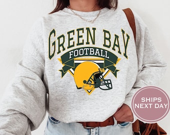 Sudadera de fútbol Green Bay, cuello redondo Vintage Green Bay, sudadera Retro Green Bay, sudadera Green Bay Varsity, manga larga Green Bay