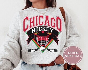 BooeyStudios Vintage Chicago Hockey Sweatshirt, Chicago Hockey Crewneck, Cute Chicago Sweatshirt, Chicago Hockey Fan Sweater, Chi Town Hockey Sweatshirt