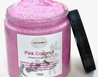Pink Coconut Whipped Sugar Scrub, jojoba oil, cane sugar
