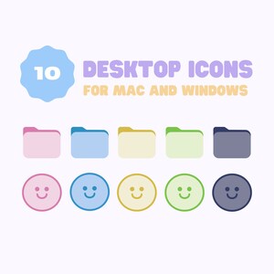 Puede incluir: Un conjunto de 10 iconos de escritorio coloridos para Mac y Windows. Los iconos tienen forma de carpetas y caras sonrientes. Las carpetas son rosa, azul, amarillo, verde y gris. Las caras sonrientes son rosa, azul, amarillo, verde y gris.